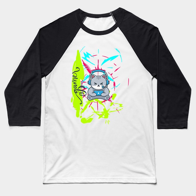 Colorful Cat Gamer Baseball T-Shirt by O.M design
